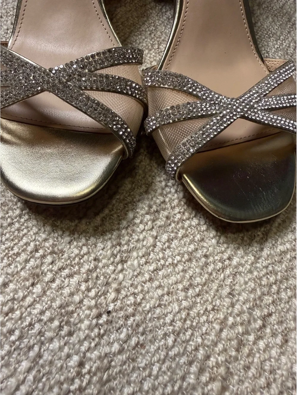 Nina Gold Rhinestone Ankle Strap Block Heel Sandals